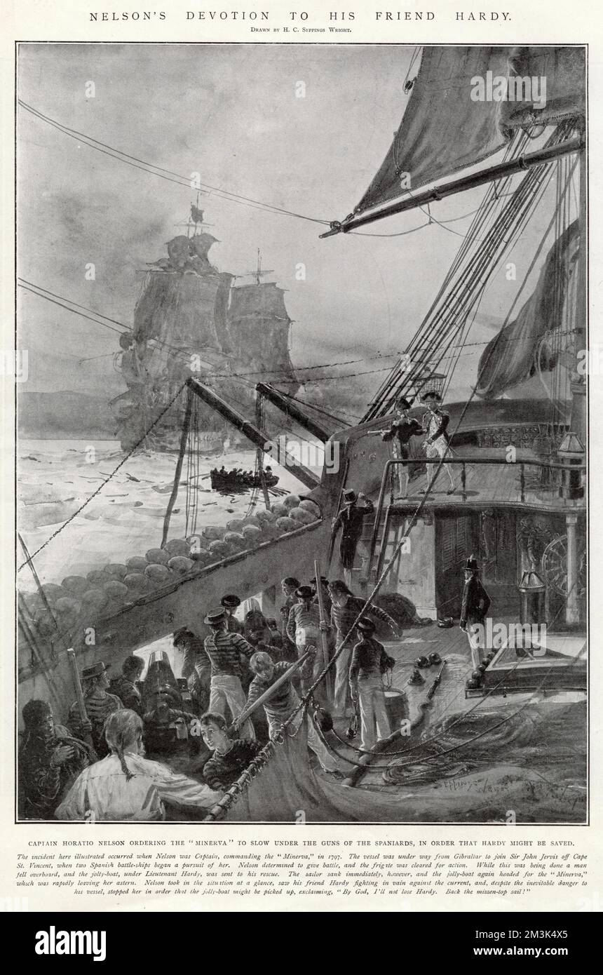 Captain Horatio Nelson ordering the 'Minerva' to slow under the guns of the Spaniards in order that Hardy might be saved. Hardy had gone to the rescue of a sailor who had fallen overboard and was struggling to get back to the 'Minerva'. Stock Photo