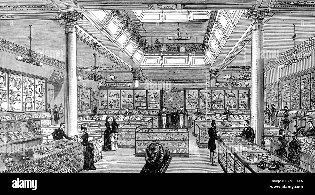 Interior of Silber and Fleming's sterling silver plate, gold and silver jewellery and watch and clock departments in their Wood Street store, London, 1884.  1884 Stock Photo