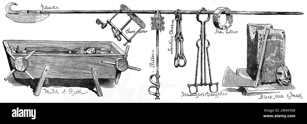 Torture instruments, displayed in the museum of the Tower of London. The items shown are (left to right) a model of a rack, a thumbscrew, bilboes, sinking chains, a scavenger's daughter, an iron collar, the block, axe and executioner's mask and a poleaxe.  1883 Stock Photo