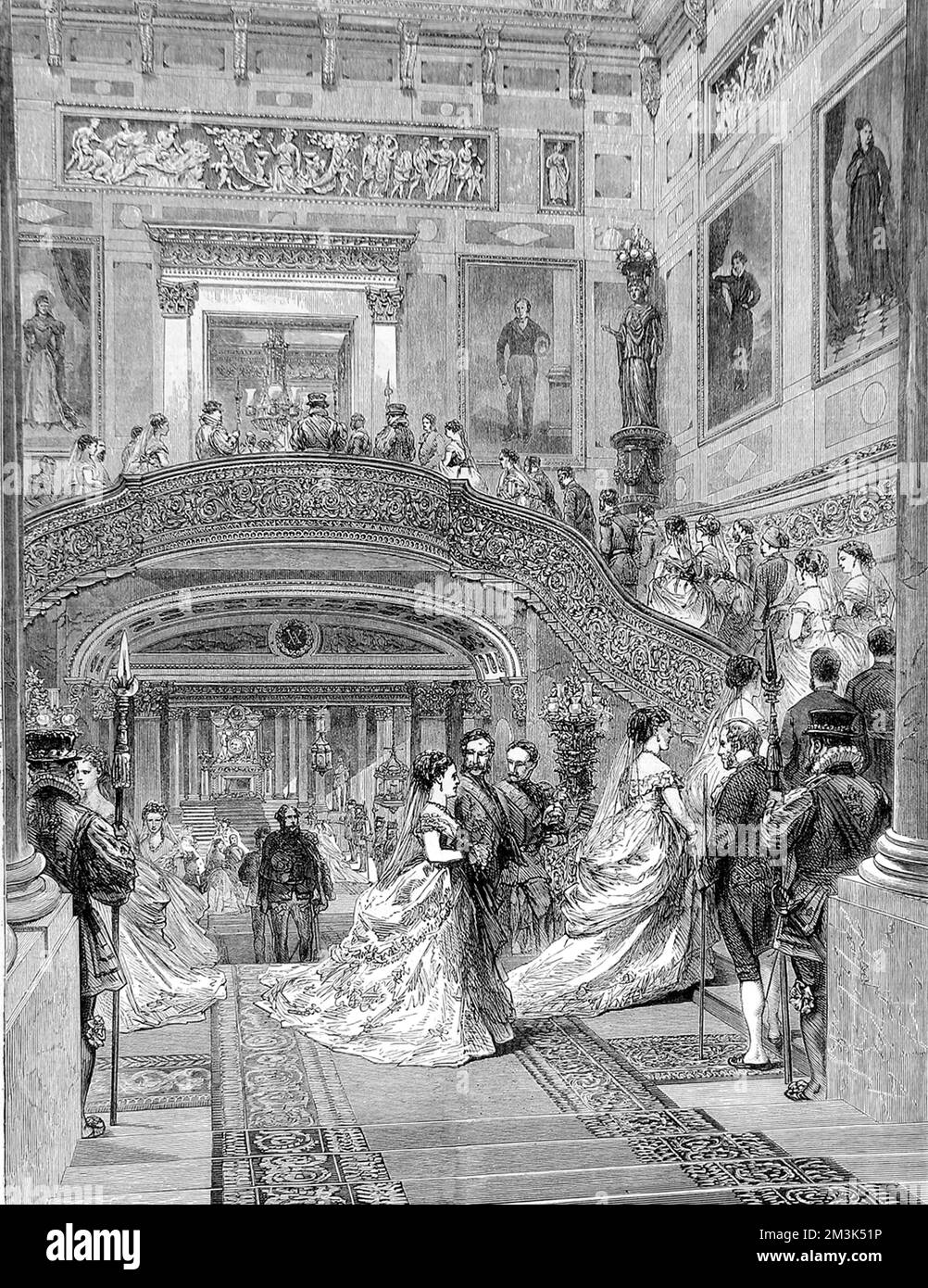 Engraving showing a large group of people in formal evening dress