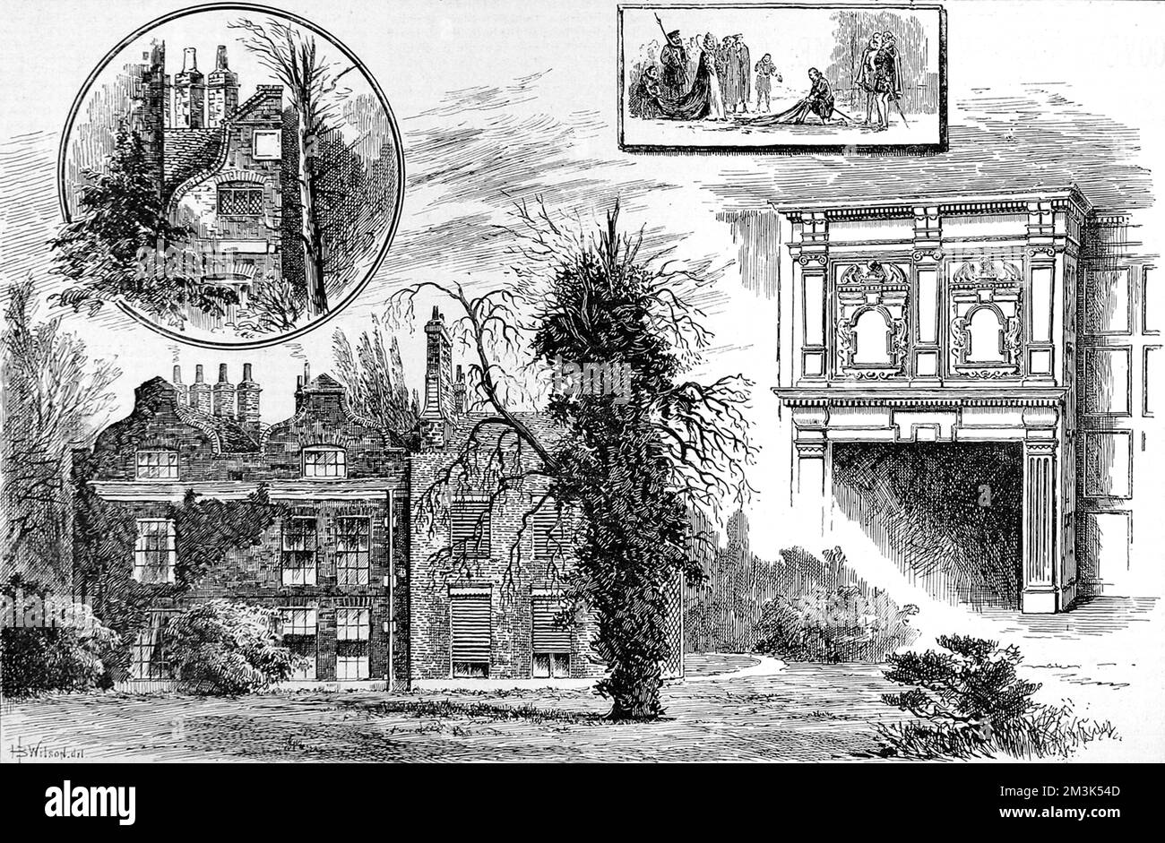 Engraving showing several views of Raleigh House, Brixton, London in 1888.  This was, reputedly, a former residence of Sir Walter Raleigh.     Date: 11 February 1888 Stock Photo