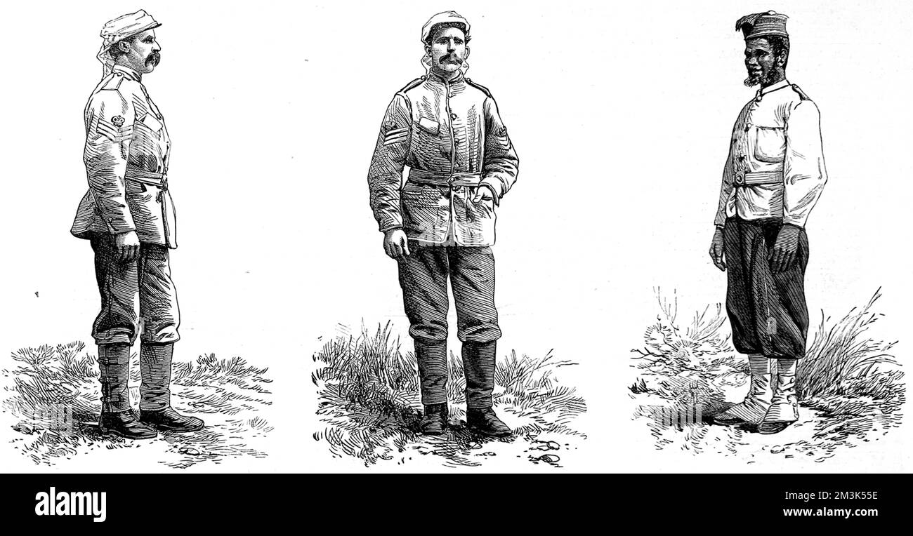 These illustrations show the uniforms for the soldiers sent on the expedition to defeat the Ashantee King and secure the West Coast of Africa.     Date: 1873 Stock Photo