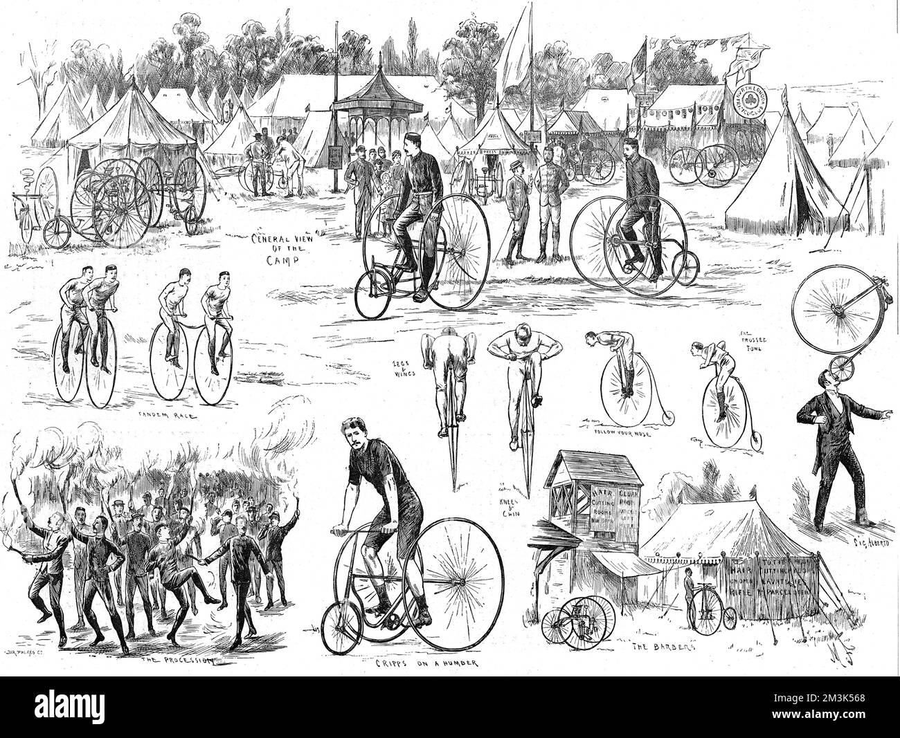 Engraving showing a series of scenes from the Cyclist's Camp, which was held in Alexandra Park, London, in the Summer of 1884.      The images show tricycles, 'penny farthing' bicycles and even 'penny farthing' tandem races.     Date: 14 June 1884 Stock Photo