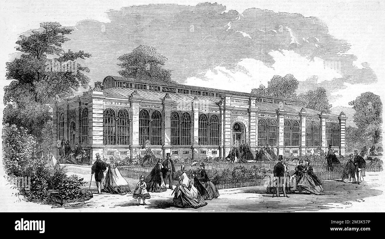 Exterior of the monkey house at the Zoological Society's Gardens (London Zoo), Regent's Park.  1864 Stock Photo