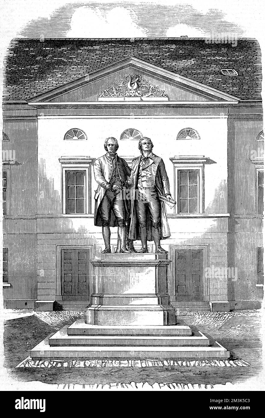 The joint statue of Johann Wolfgang von Goethe (1749 - 1832), and Friedrich Schiller (1759 - 1805), the German writers, at Weimar, Germany, 1858.  1858 Stock Photo