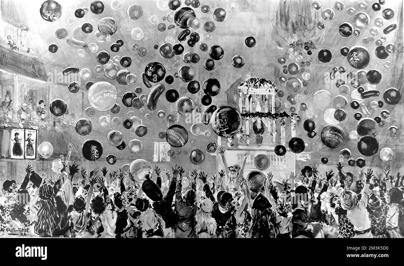 Balloons cascading down onto the revellers at the New Year's Eve Party held at the Royal Albert Hall, 1925-6.   This party, in aid of the British Empire Service League and the Middlesex Hospital, was organised by the six leading illustrated newspapers of the time.  1926 Stock Photo