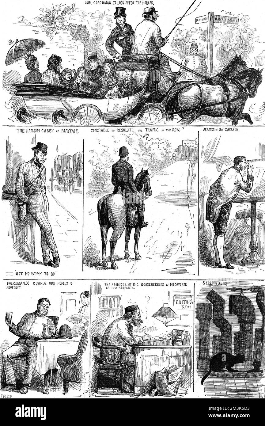Number of the types of people left in London, whilst more fortunate folk went on holiday in the summer. The images show (clockwise from top): Carriage and horses with the caption 'Our coachman to look after the horses'; Jeames of the Carlton Club; rooftop cats; 'The producer of big gooseberries and discoverer of sea serpents' writing at his desk; a Policeman; a Hansom Cabby of Mayfair. The central image shows a policeman on horseback regulating the traffic on Rotten Row.  1881 Stock Photo