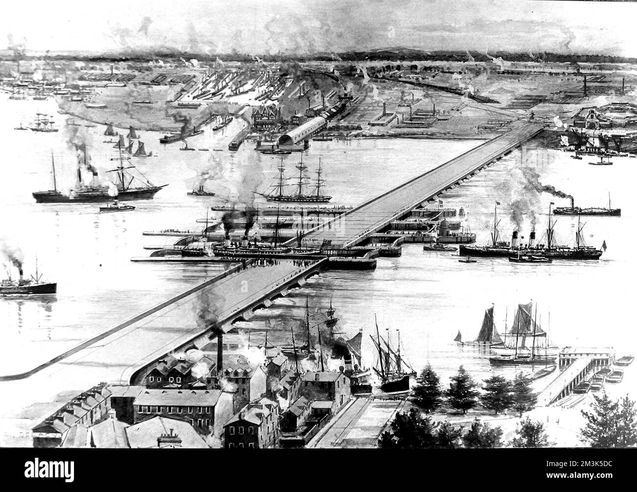 Barrage of barrier and locks across the River Thames at Gravesend proposed by James Casey in 1905. The object of this proposal was to protect London against serious flooding from the Thames Estuary. This project was not built.  1905 Stock Photo