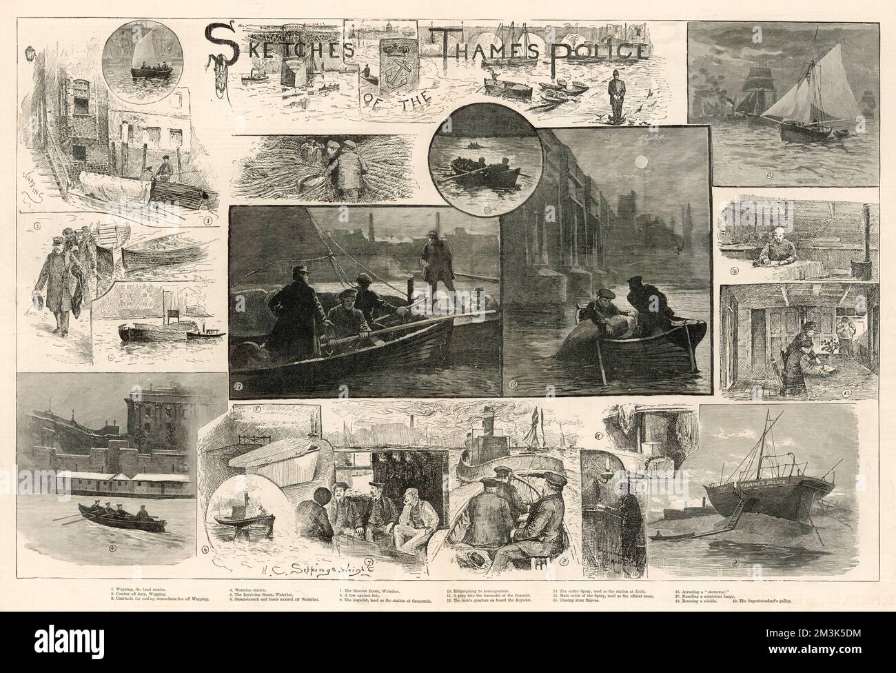 A number of views of the work and boats of the Thames Police (now River Police) in London, 1888.   The images show the Police stations at Wapping, Waterloo, Greenwich and Erith. The central two images show policemen boarding a 'suspicious barge' and 'rescuing a suicide'.  26 May 1888 Stock Photo