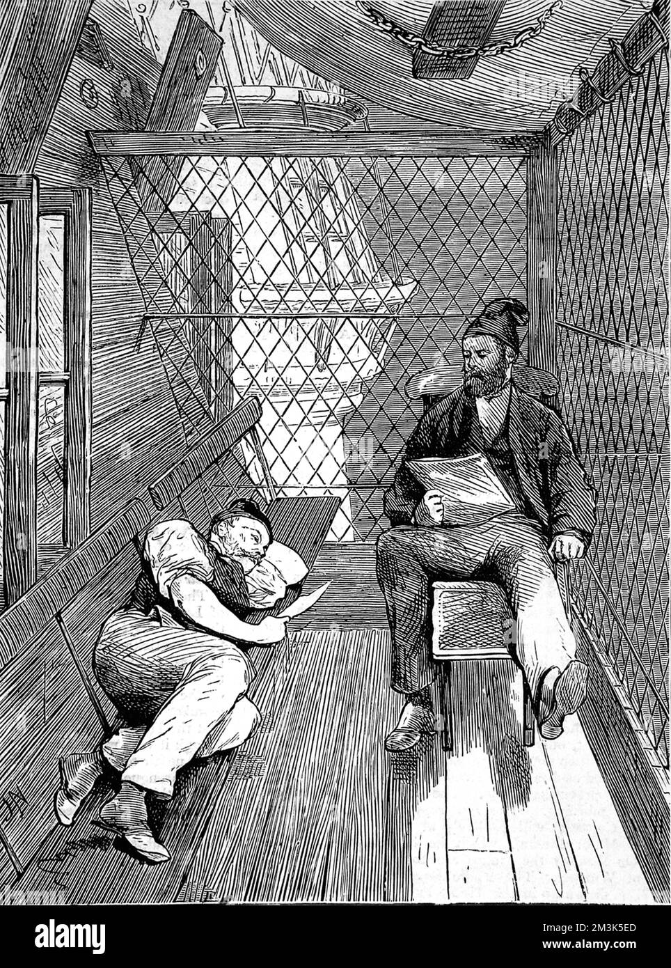 The so-called 'bird cage walk'. On board the hospital ship 'Victor Emmanuel'. Two invalids read while recuperating during the Ashanti expedition. The second Ashanti War fought between,1873-74, was between King Kofi Karikari, ruler of the Ashanti (or Asantehene), and the British. Both were trying to secure the coastal town of Elmina on the West Coast of Africa also known as the Gold Coast.  28 March 1874 Stock Photo