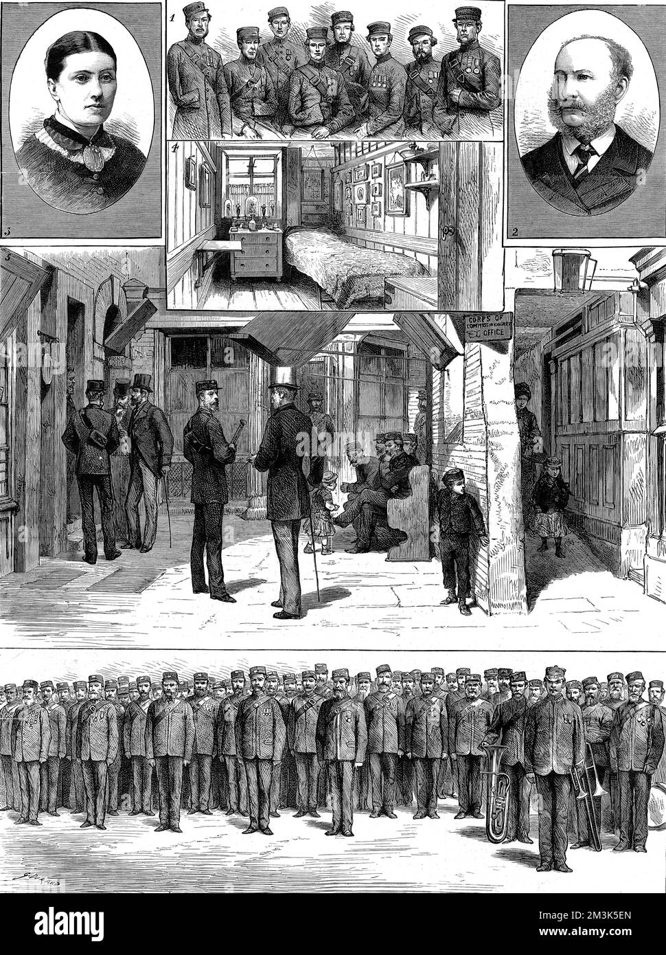 Number of scenes relevant to the Corps of Commissioners, London, 1880.   The images show (clockwise from top left): Mrs. Brook Smith, Lady Adjutant; Original Members of the Corps; a bedroom in the Barracks; Captain E. Walters, founder and Commanding Officer of the Corps; Corps Headquarters, Exchange Court, Strand; General Parade of the Corps.  1880 Stock Photo