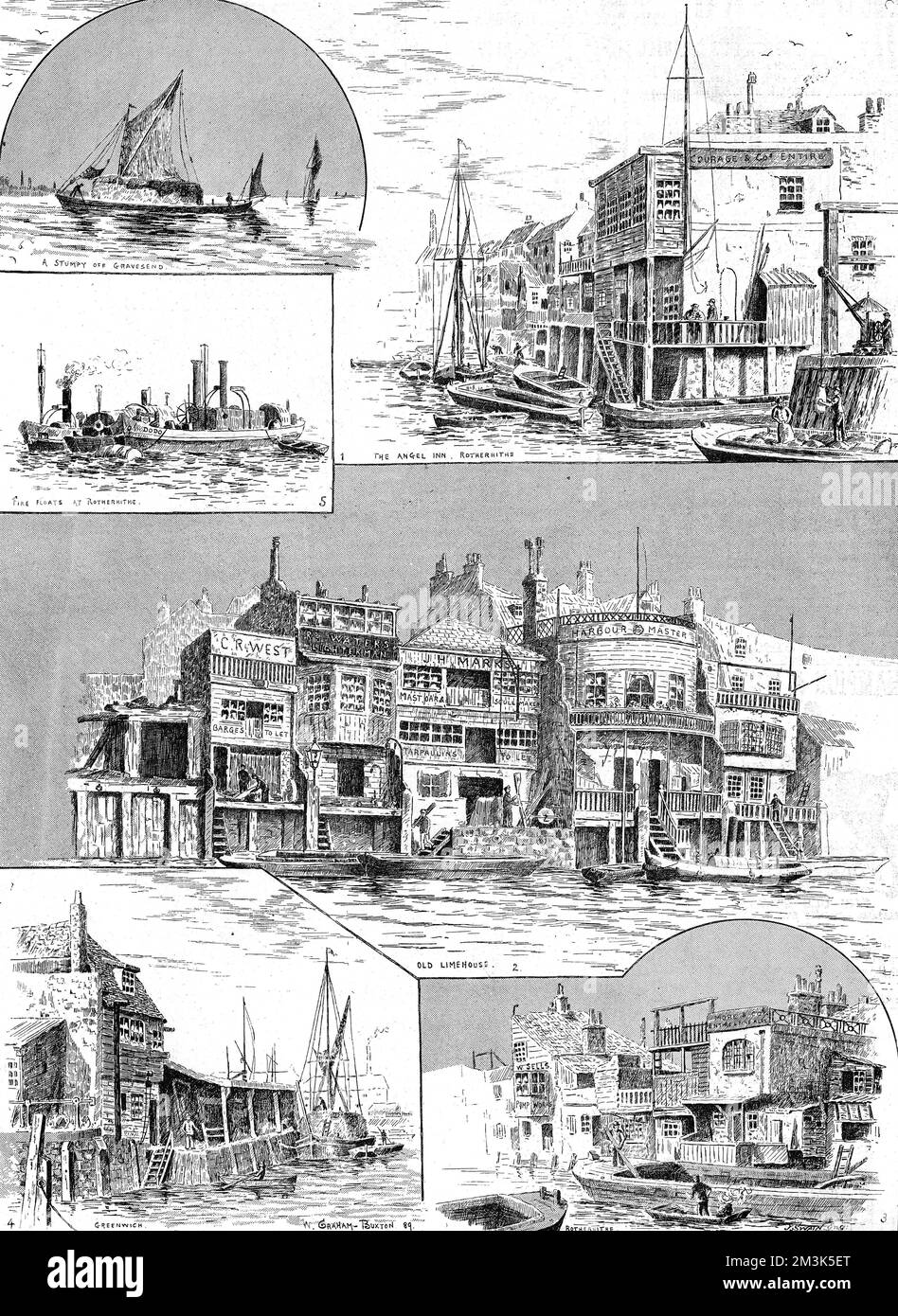 Engraving showing a number of scenes along the River Thames from Gravesend to Rotherhithe, London, 1890.    The images show (clockwise from top right): The Angel Inn, Rotherhithe; Old Limehouse; Rotherhithe; Greenwich; Fire Floats at Rotherhithe; a sailing barge off Gravesend.     Date: 3 May 1890 Stock Photo
