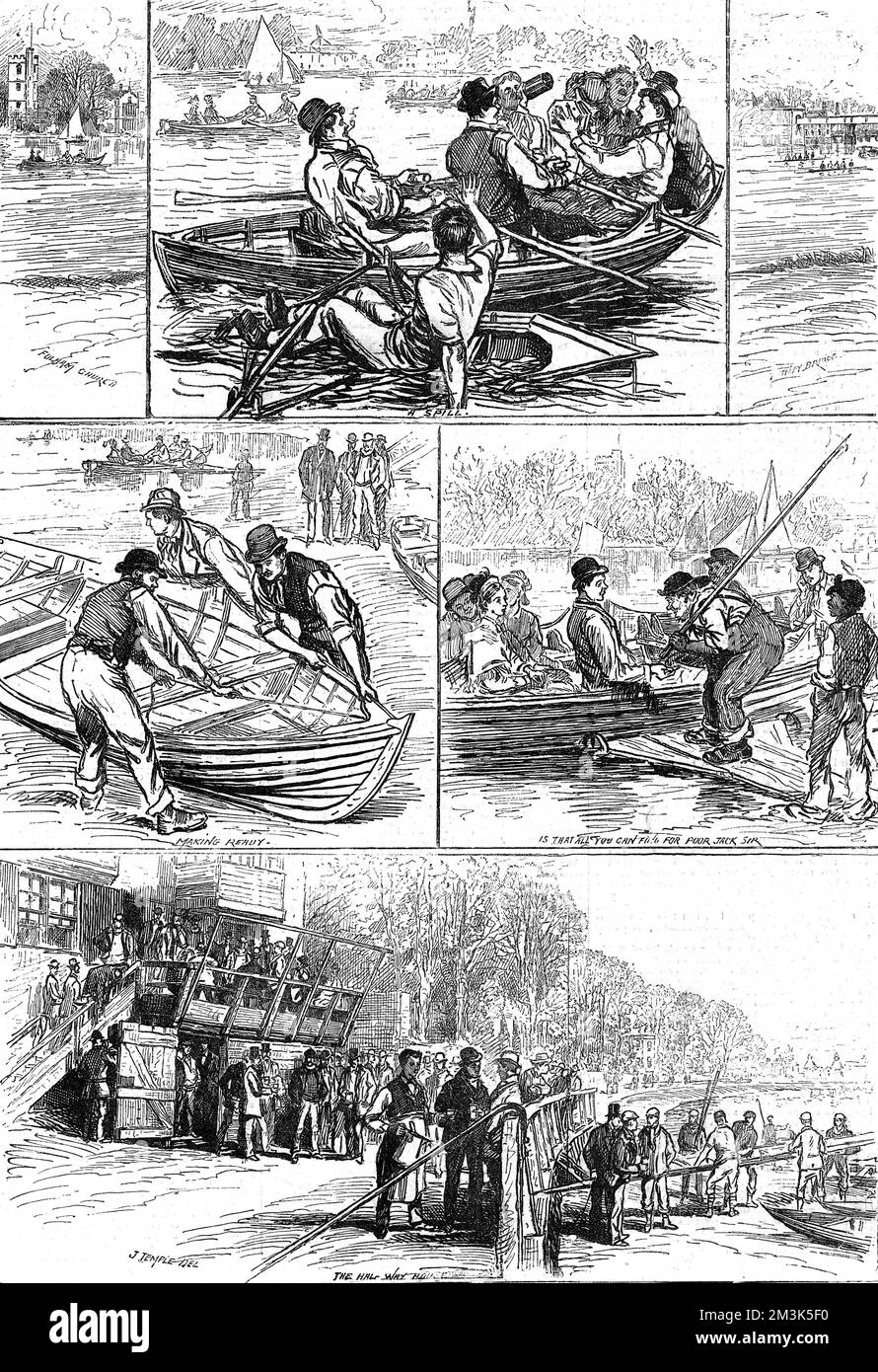 Variety of views of boating amusements on the River Thames during the Bank Holiday of 1877. Rowing boats and the shore (probably at Putney).  1877 Stock Photo