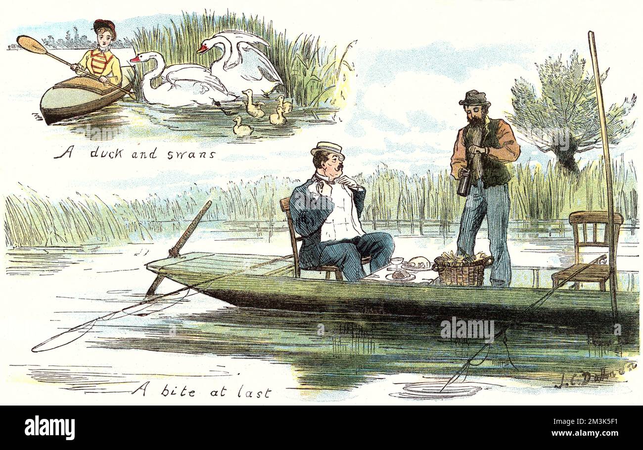 Illustration showing two scenes of boating on the River Thames, during the Summer of 1879.      At top left, a young girl in her canoe encounters a family of swans.  The main picture shows a large gentleman sitting down to lunch, in his skiff, as his hired boatman opens a bottle of drink.     Date: Summer Number 1879 Stock Photo