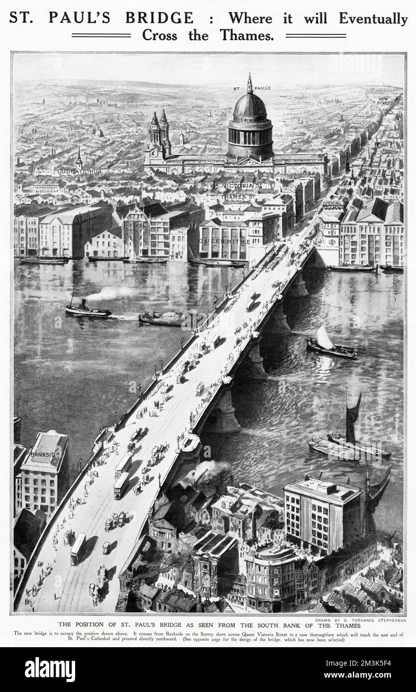 Aerial view of a proposed bridge over the River Thames, from Bankside to Queen Victoria Street, London. Stock Photo