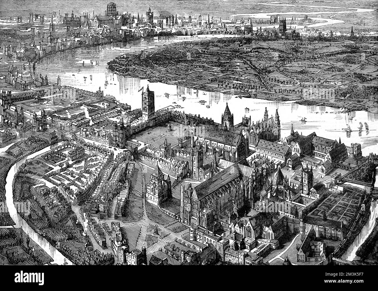 Aerial view of London (background), Westminster (foreground) and the River Thames in 1584.  1584 Stock Photo