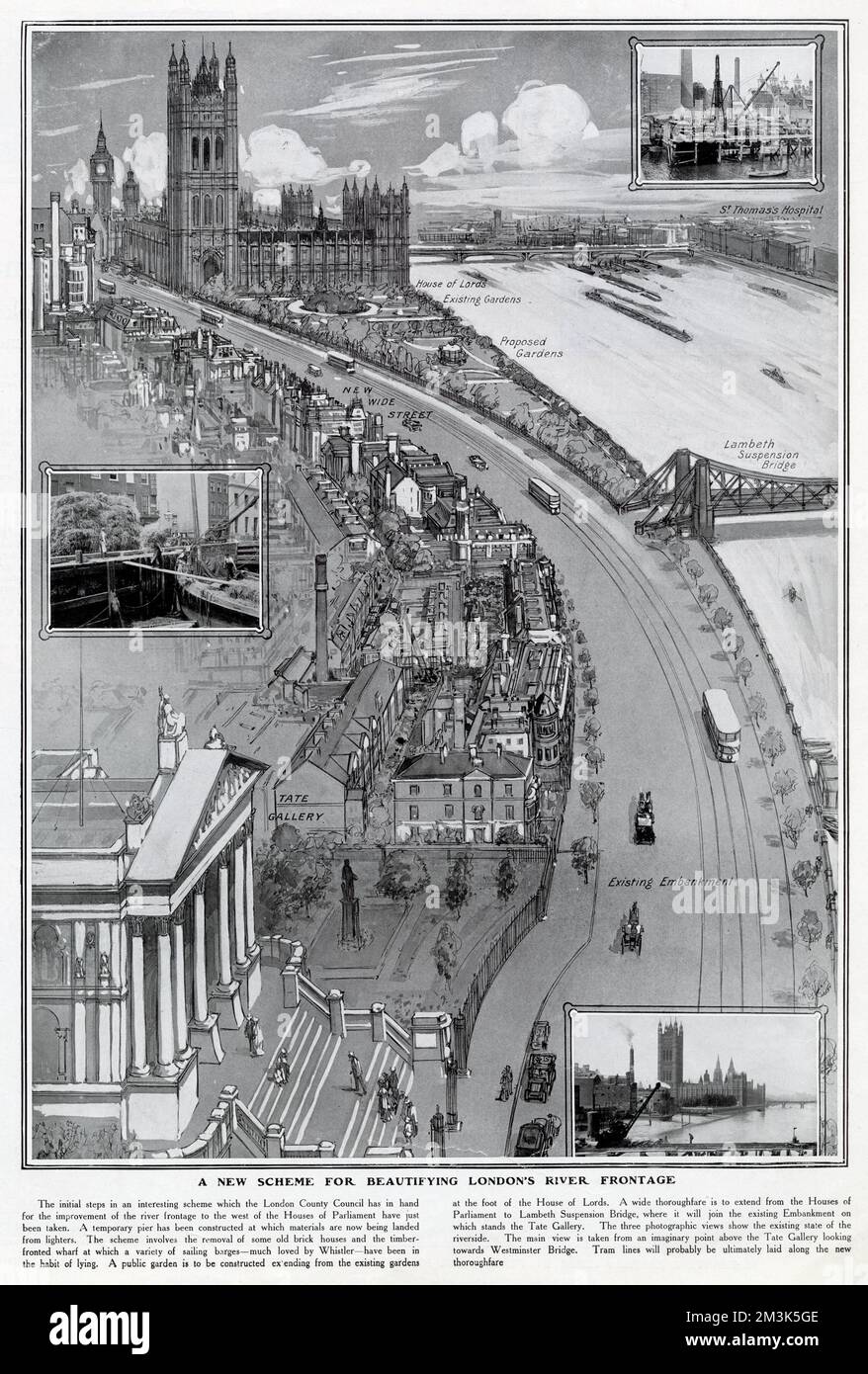 Scheme, proposed in 1909, for the expansion of Westminster Embankment, London. Stock Photo