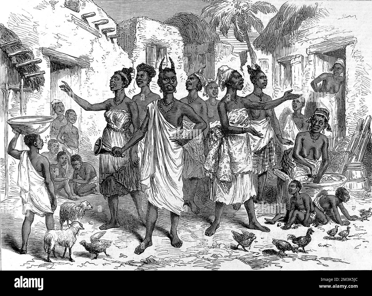 Natives from 'protected' tribes are summoned with a bell and shouts to act as bearers or carriers for the British in the 2nd Ashanti War (1873-74). In 1873, after decades of an uneasy relationship between the British and the Acing people of central Ghana, the British attacked and virtually destroyed the Asanti capital of Kumasi, and officially declared Ghana a crown colony on 24 July 1874.  After this they moved their administrative capital from Cape Coast Castle to Accra.  1874 Stock Photo