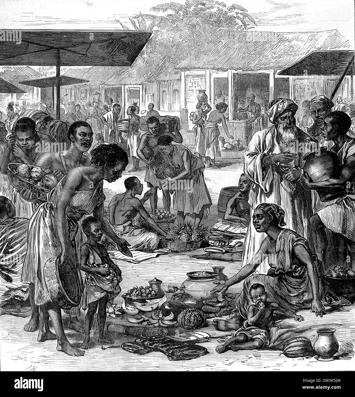 The market place at Kumasi before the arrival of the British forces during the 2nd Ashanti War. In 1873, after decades of an uneasy relationship between the British and the Acing people of central Ghana, the British attacked and virtually destroyed the Asanti capital of Kumasi, and officially declared Ghana a crown colony on 24 July 1874.  1873 Stock Photo