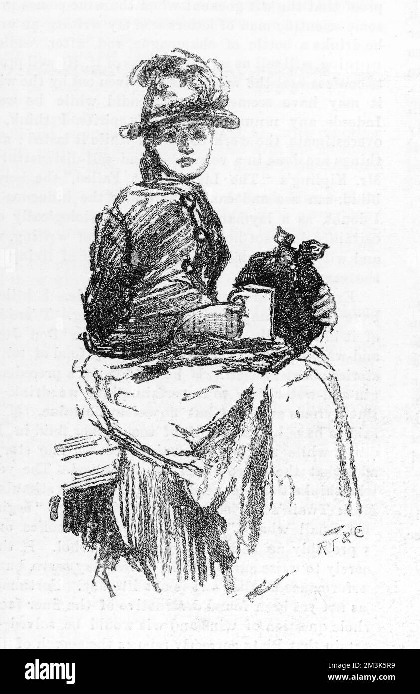 This shows a destitute, poverty-stricken and homeless young female with her bundle of possessions by her side sitting patiently for sustenance from a charitable agency.  31 January 1891 Stock Photo