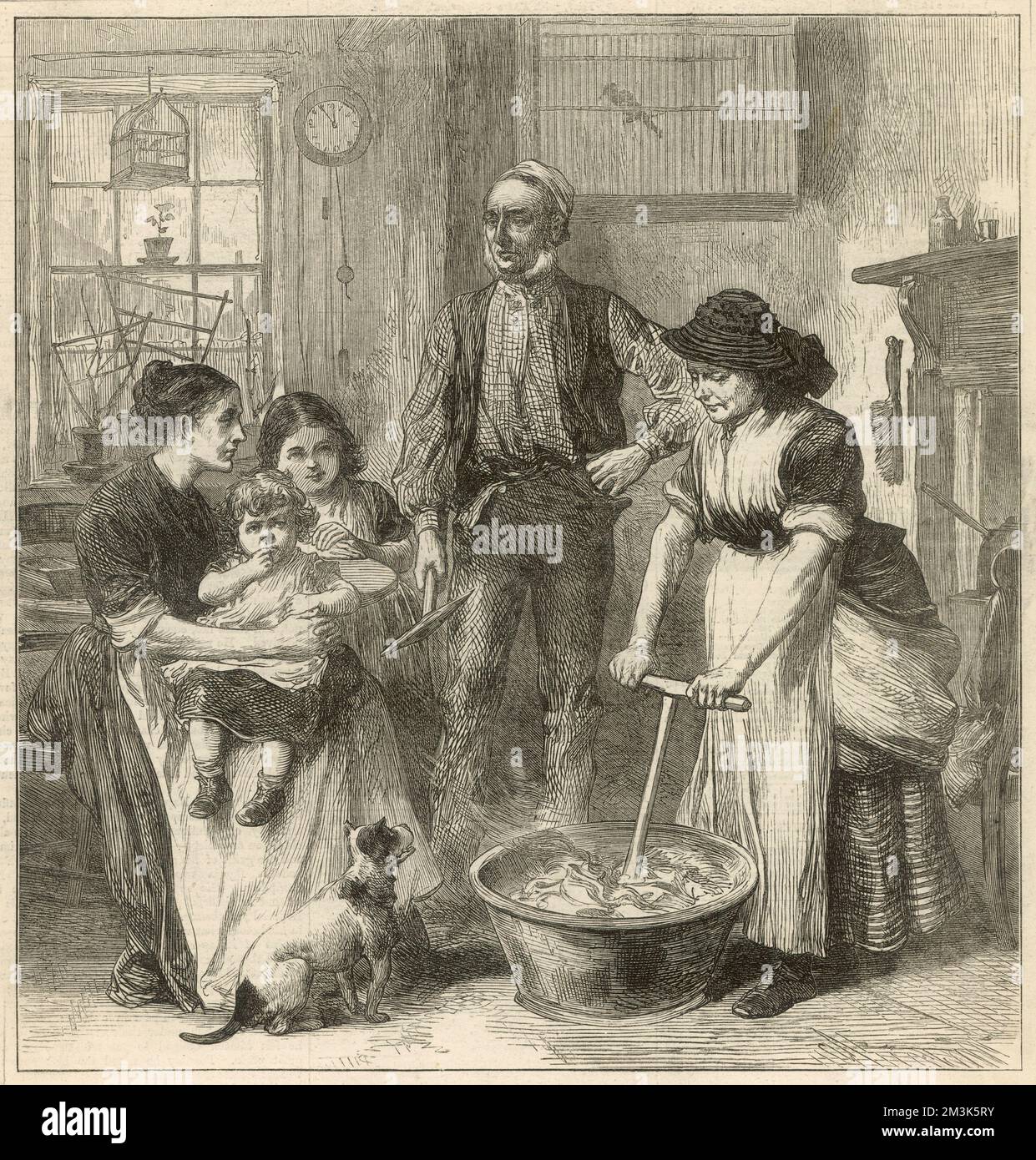 This shows the living conditions of Welsh colliers during the strike in South Wales. The interior of the cottage appears to be one room which is crowded with a woman doing the laundry, another sitting with two children and a small animal (dog or a cat), as well as a man standing with his colliery implement. Presiding over all this is a dejected looking bird in a cage.  1873 Stock Photo