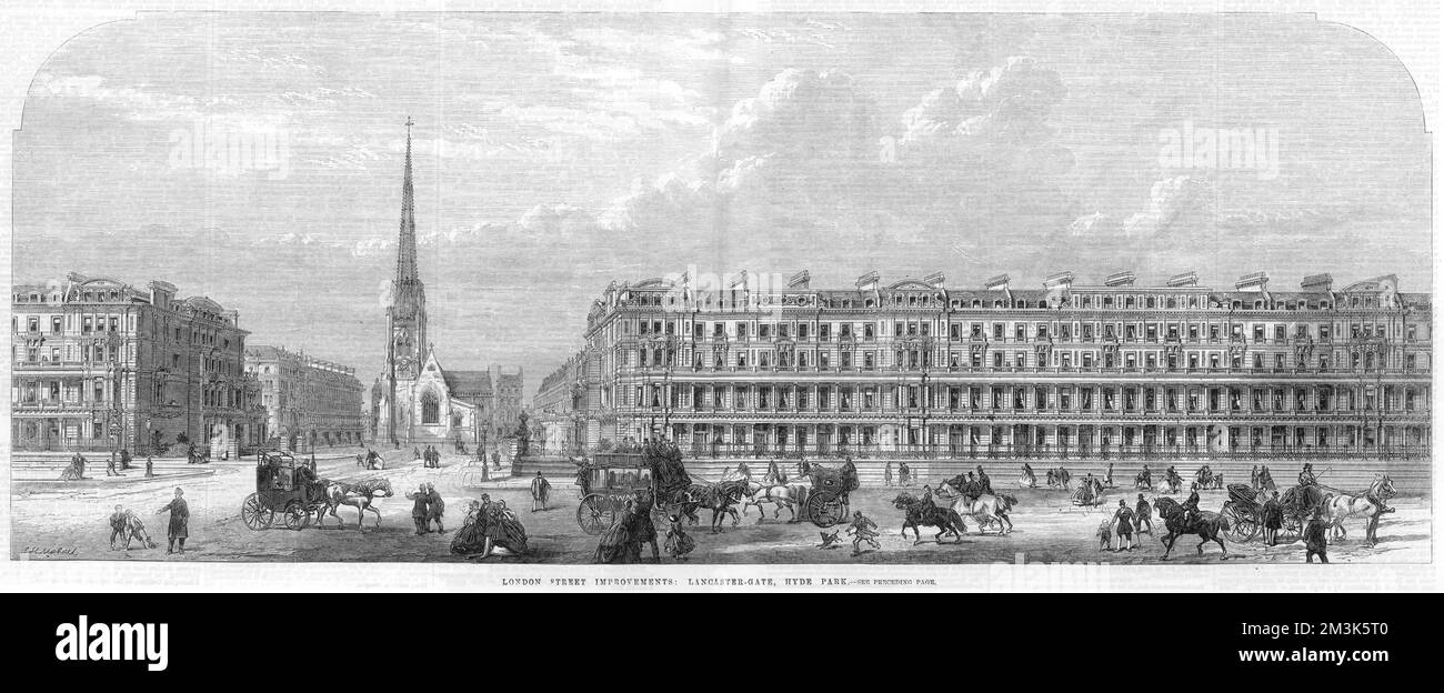 Street scene in Lancaster Gate, Hyde Park, London, 1866. The houses on