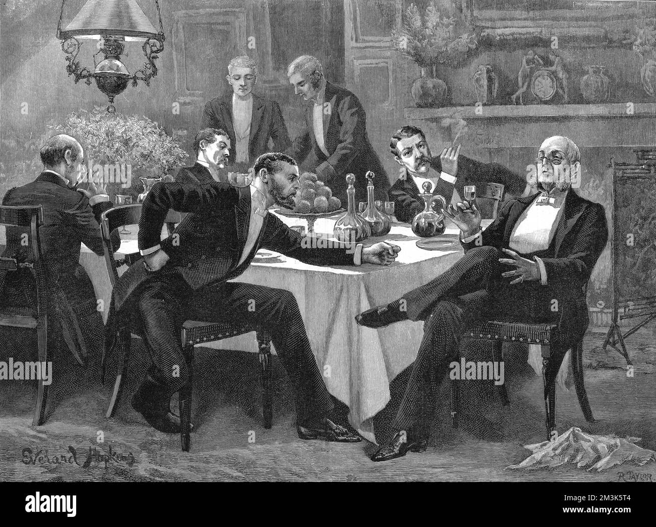 A group of gentlemen, in formal evening attire, enjoying an after dinner smoke, drink and argument about politics.   This scene has the look of a London club, with several servants clearing up and no women around, but may equally have been the private residence of a wealthy man.  1886 Stock Photo
