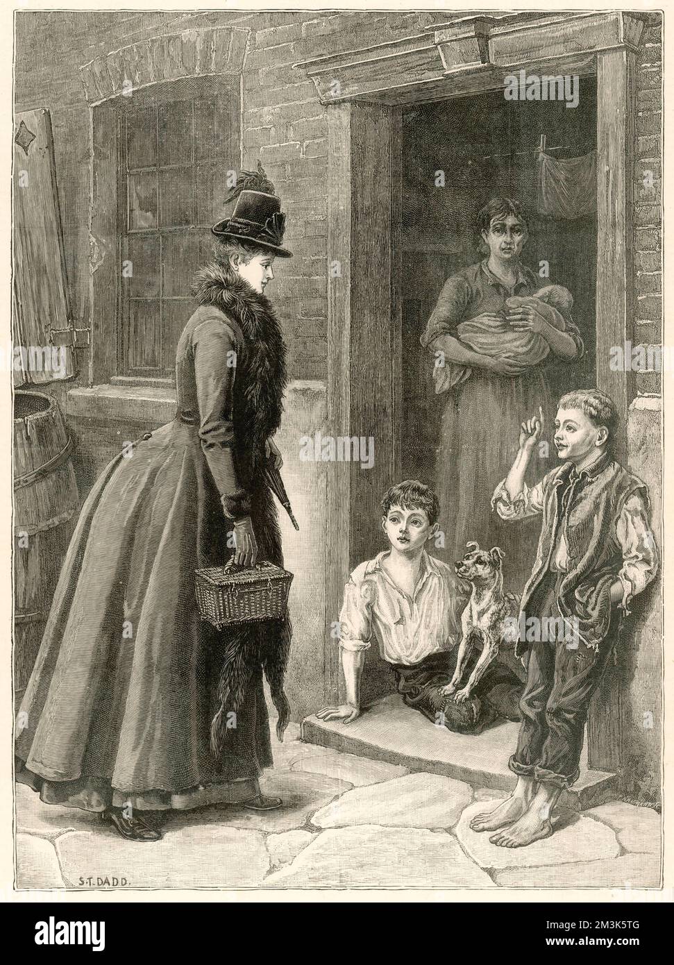 A welcome visitor to a poor home is greeted by a young barefoot boy, his brother and their mother holding a baby. This lady's arrival may be the only relief this family has had in a while. They all, including the dog, look to her with expectation.     Date: 1888 Stock Photo