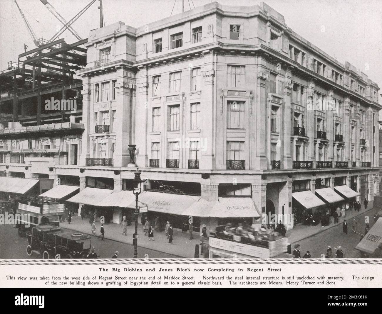 Exterior of the 'Dickins and Jones' department store in Regent Street, London, 1921. This building was designed by Henry Turner and Sons, still being completed, as can be seen on the left of the image.     Date: 1921 Stock Photo
