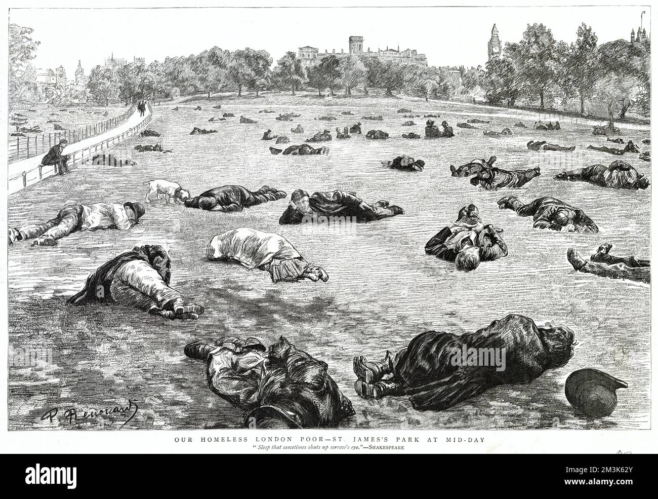 Homeless people catching up on sleep in St. James's Park in London at mid-day. This was in the summer months where the homeless enjoyed the sunshine in an enclosure popularly known as the 'Bull Ring'. An article on the scene appears on page 302 of this issue. Stock Photo