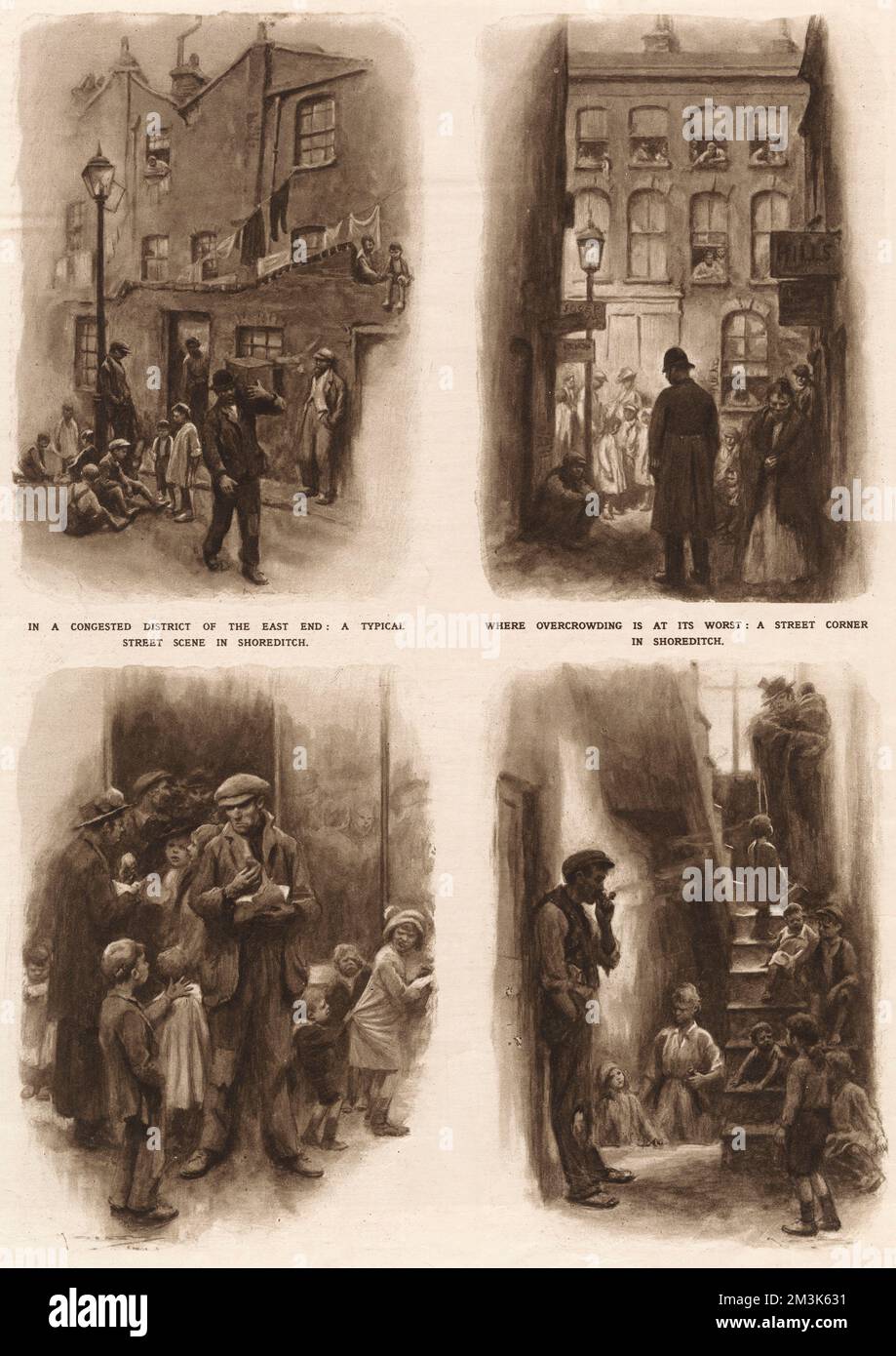 Congestion in Shoreditch and Whitechapel where the housing problem was most acute. Included are a congested street in Shoreditch, a street corner in Shoreditch, a fried-fish shop or the 'communal dining room' of these overcrowded areas and a staircase in a house in Whitechapel.  1919 Stock Photo