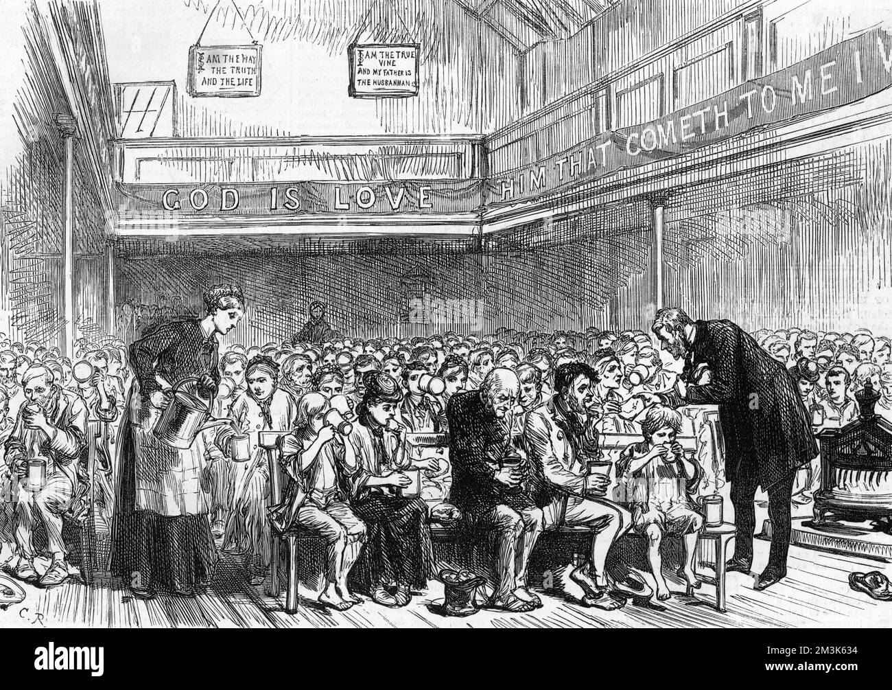 Free Sunday morning breakfast for the poor in Mission Hall, Whitecross Street, London. Each poor persons received a pint of cocoa and a small loaf of bread.  5 January 1878 Stock Photo