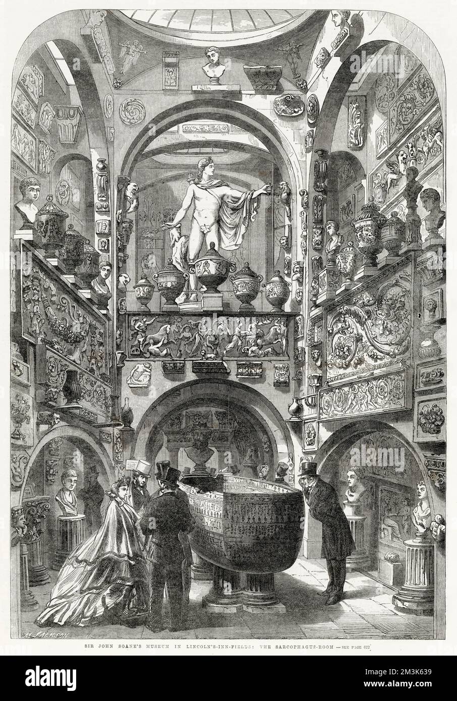 Interior of the Sarcophagus Room of Sir John Soane's Museum in Lincoln's Inn Fields, London.  Several visitors in Victorian dress are shown admiring the ancient objects and sculptures. Stock Photo