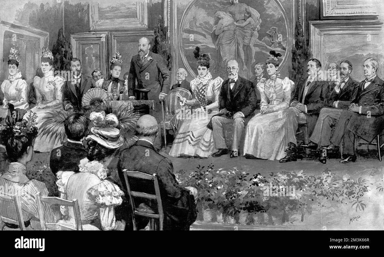 Prince of Wales making a speech at the opening of the 'National Gallery of British Art', later known as the 'Tate Gallery' and now 'Tate Britain', London, 1897.      Those in attendance were the Prince and Princess of Wales, the Duke and Duchess of York, the Duke and Duchess of Fife, Mr. and Mrs. Tate and the Trustees of the Museum (Lord Lansdowne, the Earl of Carlisle, Lord Brownlow, Alfred Rothschild, Sir Charles Tennant, J.P. Heseltine and Murray Scott).  1897 Stock Photo
