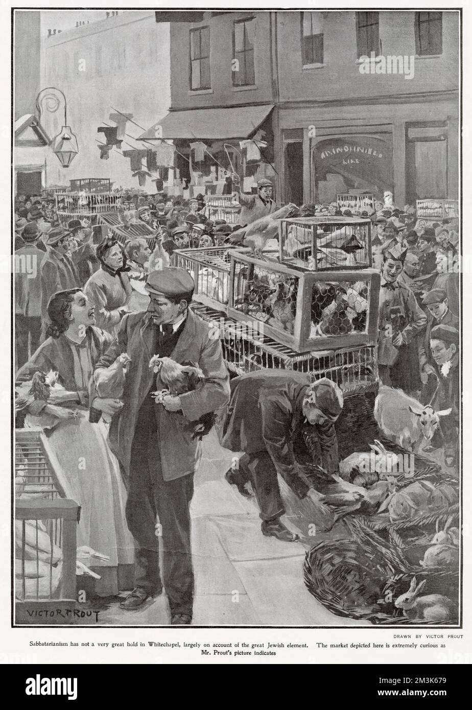 Sunday morning market in Brick Lane, Spitalfields, London. The market selling a wide variety of goods including clothing and livestock, took place on Sundays to cater for the Jewish population of London. Stock Photo