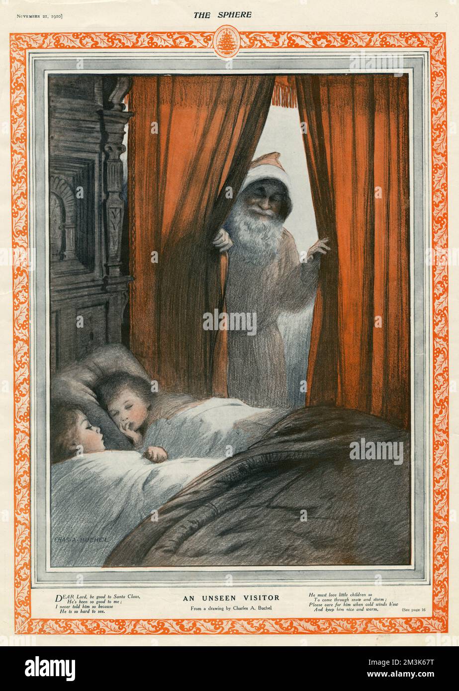 Father Christmas checking that the children are sleeping before he delivers their presents.  1910 Stock Photo