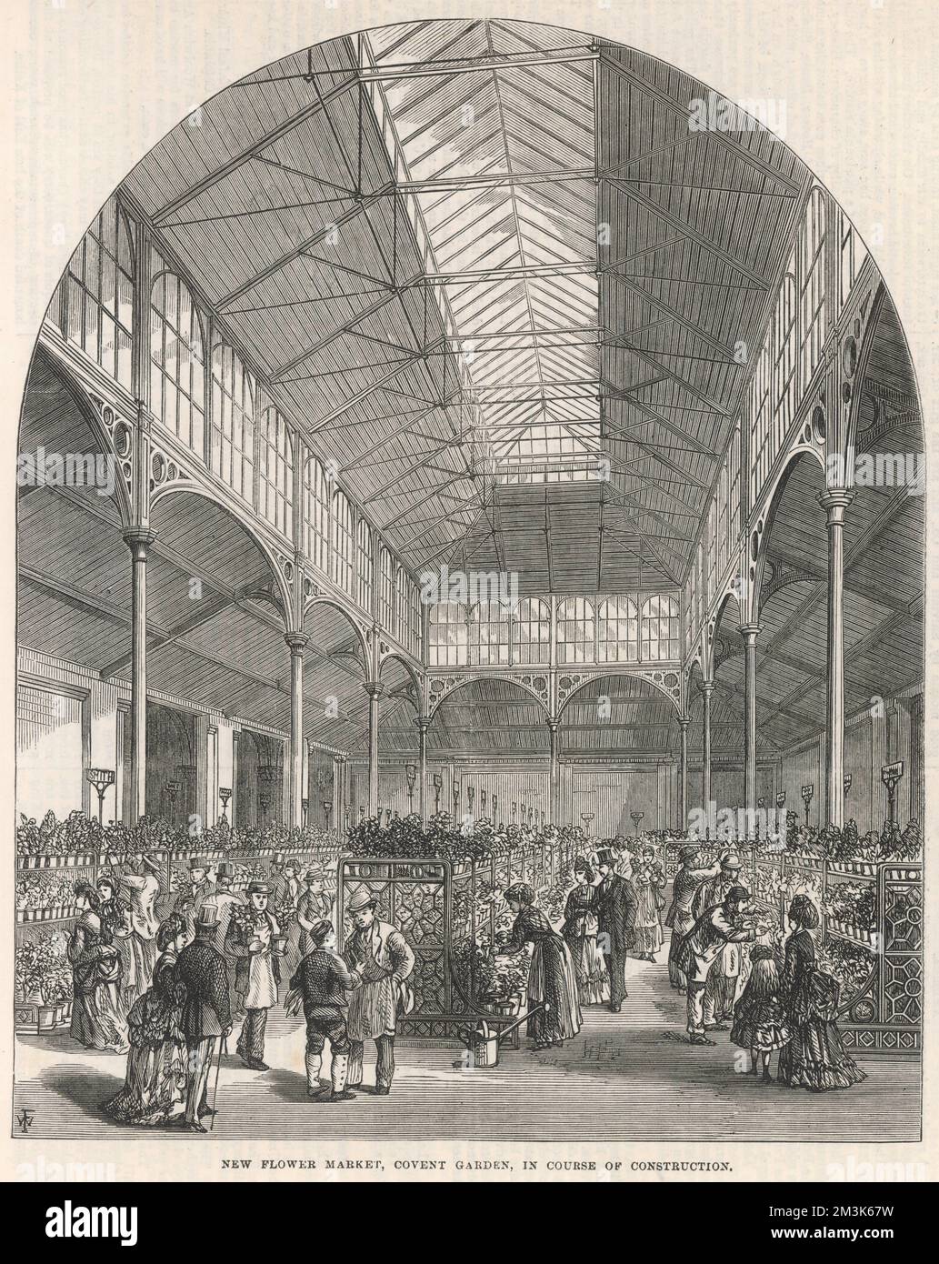 Interior of the new flower market in Covent Garden, London, which was still being built.  1872 Stock Photo