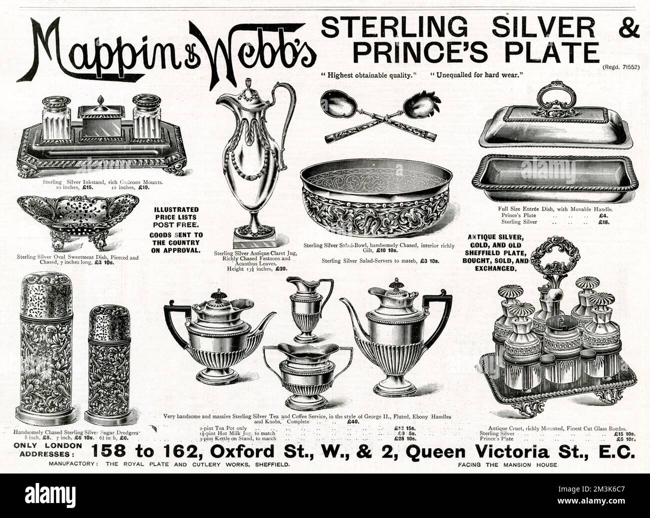 Advertisement for Mappin &amp; Webb's Sterling Silver and Prince's Plate, published in 1895. The items shown include (clockwise from top left): an inkstand; a claret jug; a salad bowl; an entree dish; antique cruet; a tea and coffee service; sugar dredgers and a sweetmeat dish.  1895 Stock Photo
