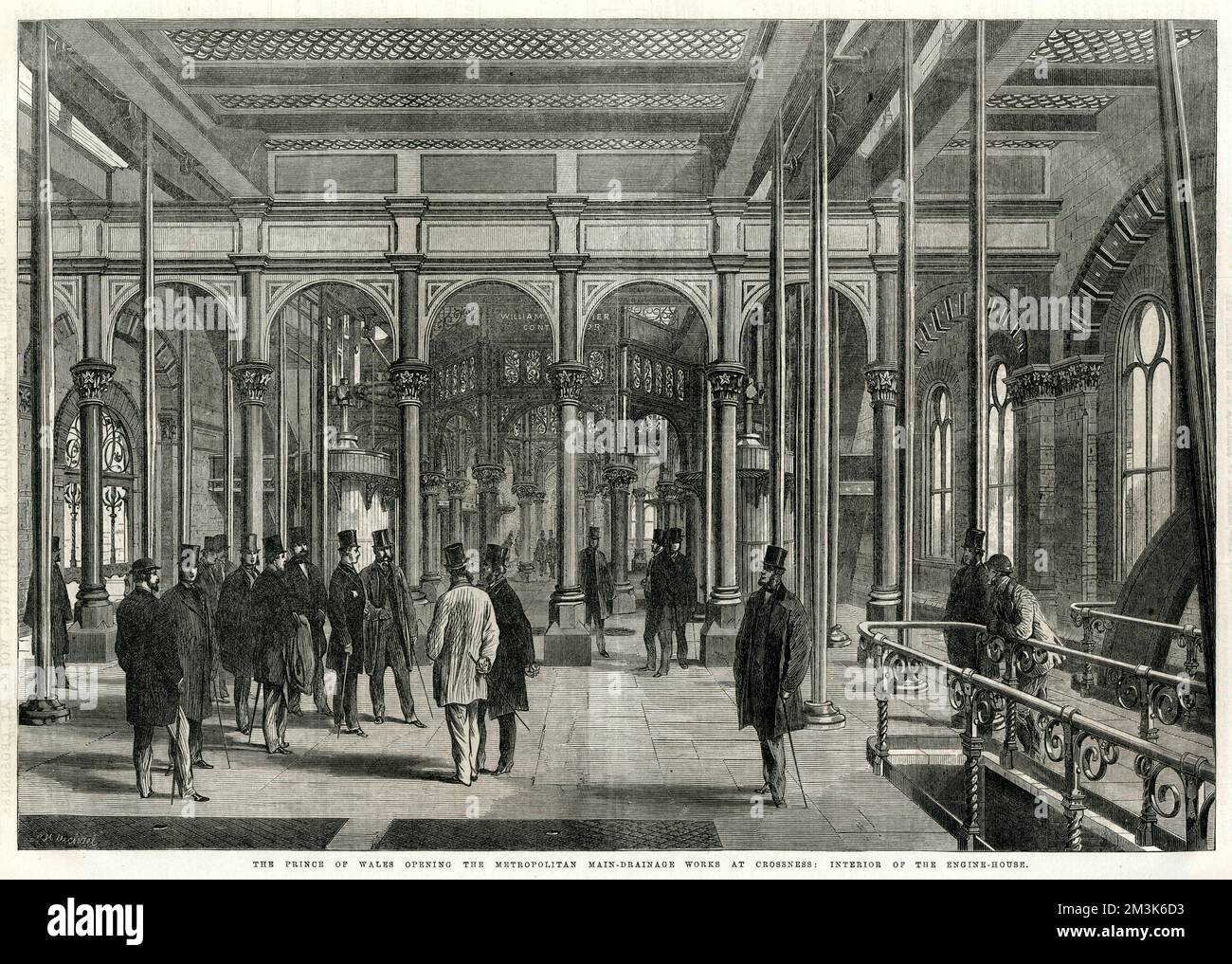 Visit of the Prince of Wales (later King Edward VII) to open the Metropolitan Main Drainage Works at Crossness.   Number of visitors in the engine room of the works, which were built by Sir Joseph Bazalgette as part of an improved drainage and sewage system for London.  The building shown is now better known as the Crossness Pumping Station.     Date: 1865 Stock Photo