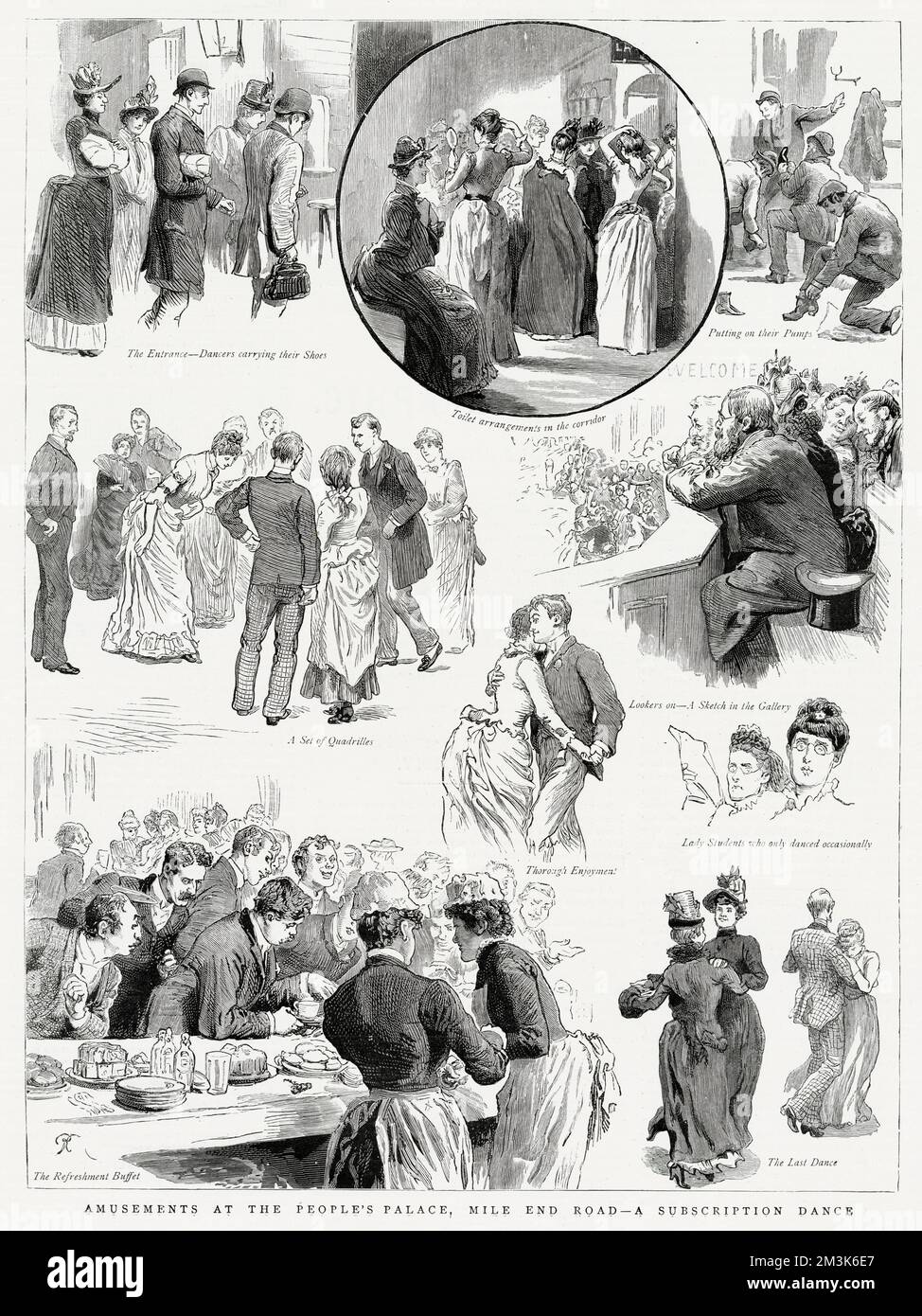 A number of scenes from a Subscription Dance held at the People's Palace, Mile End Road, London. Dancers gettting ready (at top), dancing (centre) and enjoying a 'Refreshment Buffet' (bottom left).     Date: 1890 Stock Photo