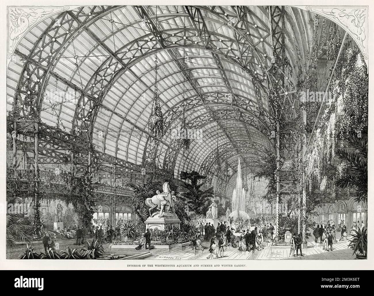 Interior of the Royal Aquarium and Winter Garden, Westminster, London, opening on the 22nd January 1876. The building had a iron structure and glass roof, decorated with palm trees, fountains, pieces of original sculpture     Date: 1875 Stock Photo
