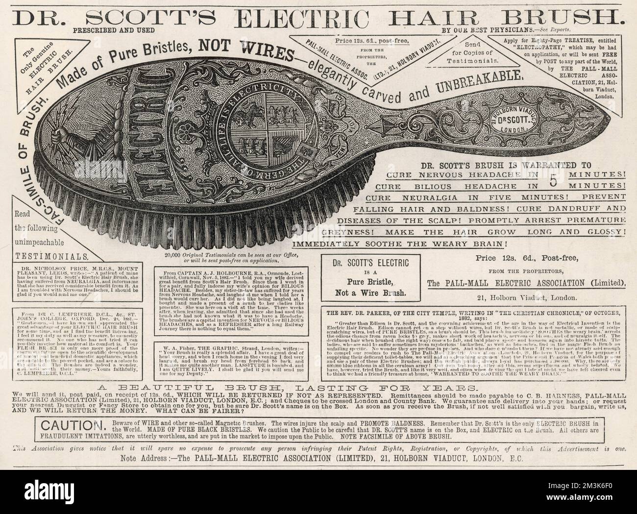 Advertisement for 'Dr. Scott's Electric Hair Brush', 1883. This advert
