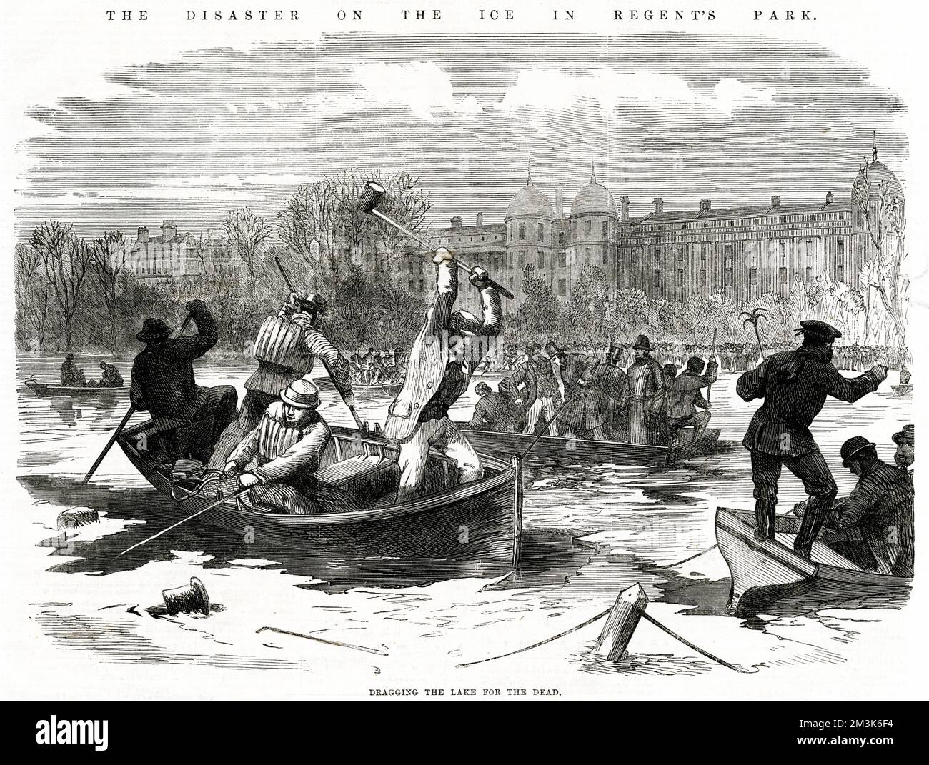 Number of boatmen and policemen dragging the lake in Regent's Park for the bodies of people who had fallen through the ice during an ice skating disaster.     Date: January 1867 Stock Photo