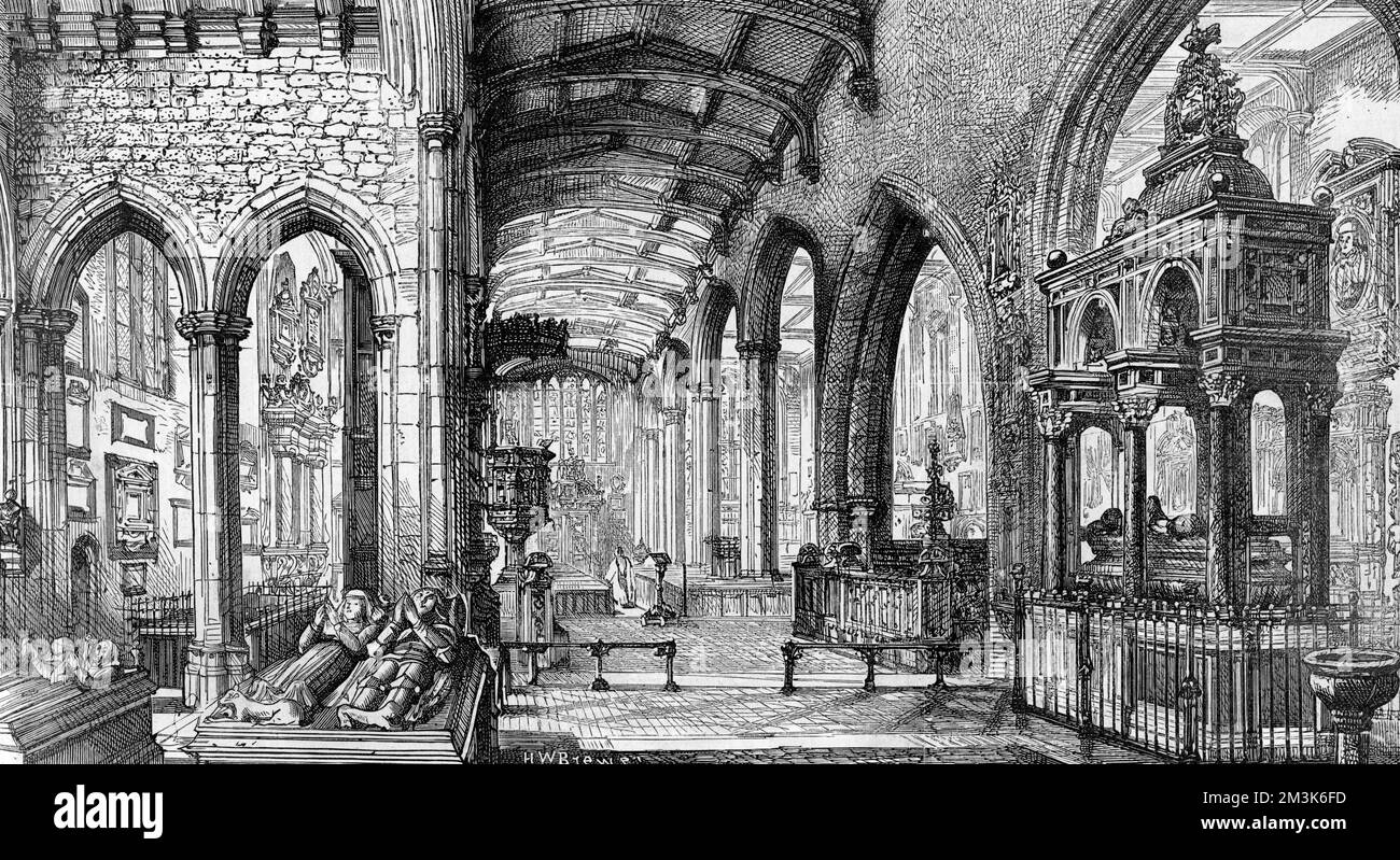 Interior of the St. Helen's Priory Church, Bishopsgate, City of London in 1884. The original title of this image was 'The Westminster Abbey of the City'.  1884 Stock Photo
