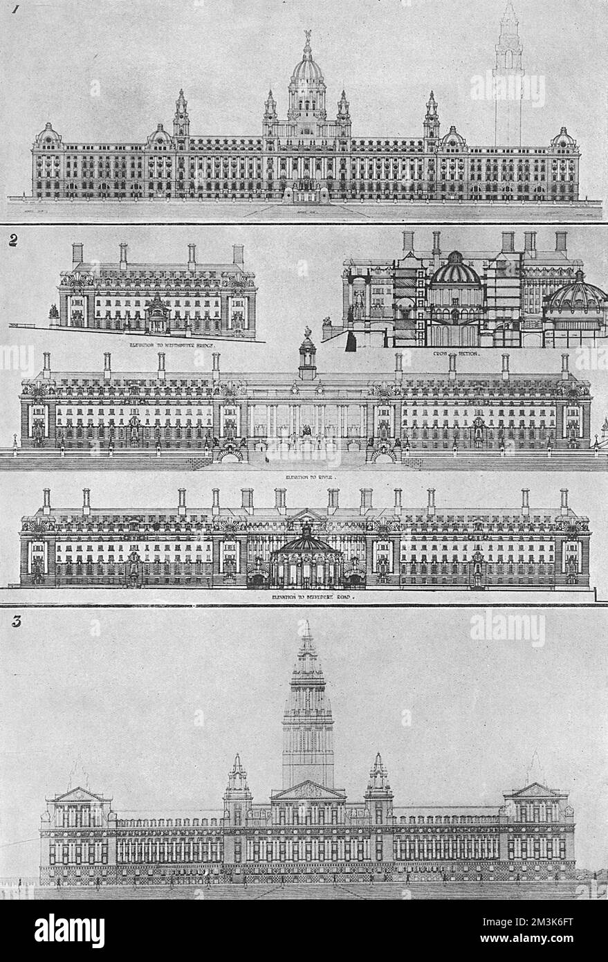 Three designs entered in the competition to design London County Council Hall in 1908.   The central image is the design of Ralph Knott, which won the competition and was built near Westminster Bridge. The design at top (no.1) was by Warwick and Hall. The design at the bottom (no.3) by A. Marshall Mackenzie.     Date: 1908 Stock Photo