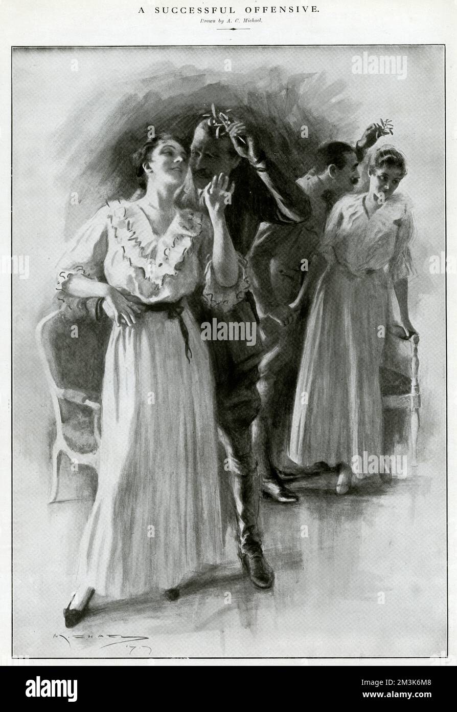 Two British officers enticing some young women to kiss them under the mistletoe.  From Holly Leaves, the Christmas number of the Illustrated Sporting &amp; Dramatic News.     Date: 1917 Stock Photo