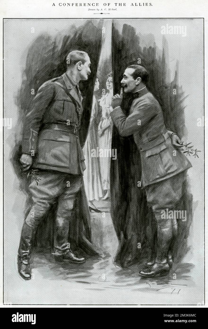 British officers, presumably home on leave for Christmas, standing behind a curtain with sprigs of mistletoe behind their backs.  They are discussing how best to romantically intercept two pretty girls in the room beyond.  From Holly Leaves, the Christmas number of The Illustrated Sporting &amp; Dramatic News.     Date: 1917 Stock Photo