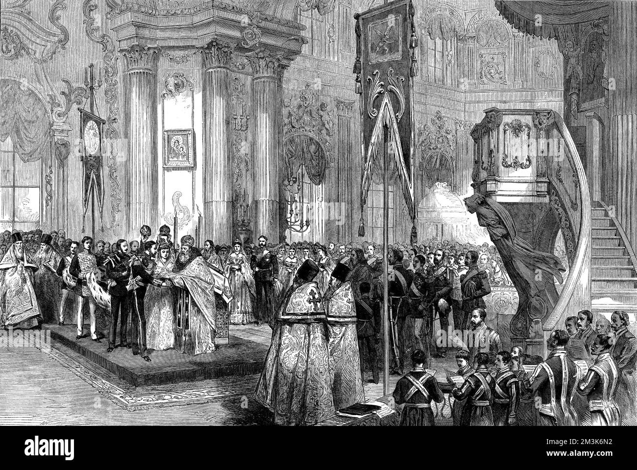 Greek wedding ceremony between Prince Alfred, Duke of Edinburgh and the Grand Duchess Marie Alexandrovna of Russia in the Imperial Chapel of the Winter Palce in St. Petersburg on January 23rd 1874. The Greek ceremony was followed by an English one in the Alexander Hall of the Winter Palace shortly afterwards. Queen Victoria did not attend the wedding but the Prince of Wales and Prince Arthur of Connaught were present.  23 January 1874 Stock Photo