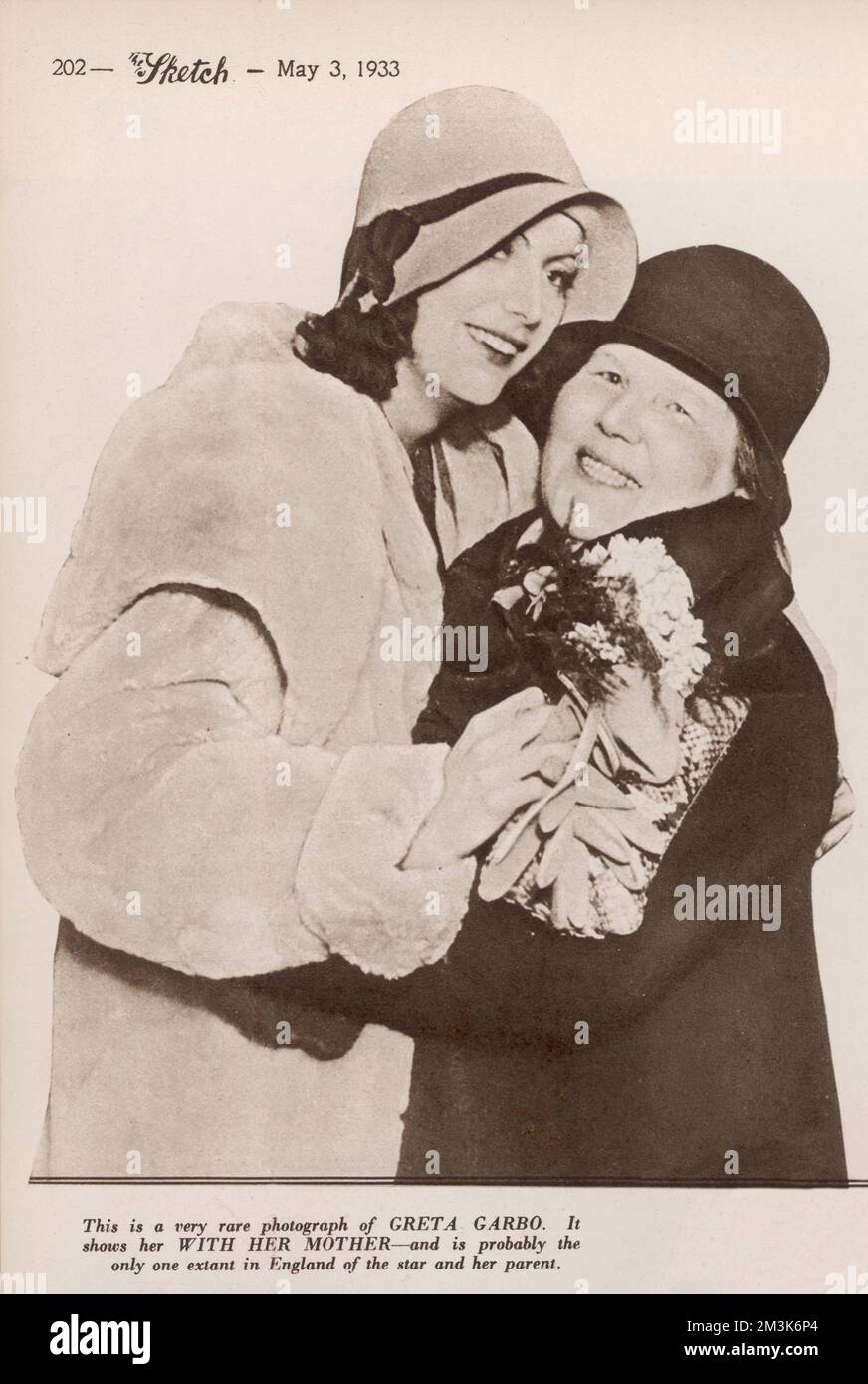 A rare portrait of Greta Garbo and her mother. Greta Garbo was born in Stockholm and was 'spotted' whilst studying at the Royal Theatre Dramatic School by the Swedish director Mauritz Stiller. Her first Hollywood film was 'The Temptress' 1926. Amongst her other successes are, 'Queen Christina' (1933), 'Anna Karenina' (1935) and 'Ninotchka' (1939). She retired from films in 1941, after receiving poor reviews for 'Two-Faced Woman.' She spent the rest of her life living as a recluse in New York.  1933 Stock Photo