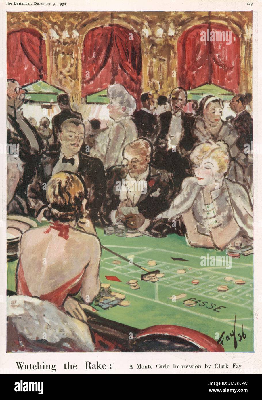 An impression of the casino at Monte Carlo by Clark Fay. Glamorous socialites playing at the roulette table.     Date: 9th December 1936 Stock Photo